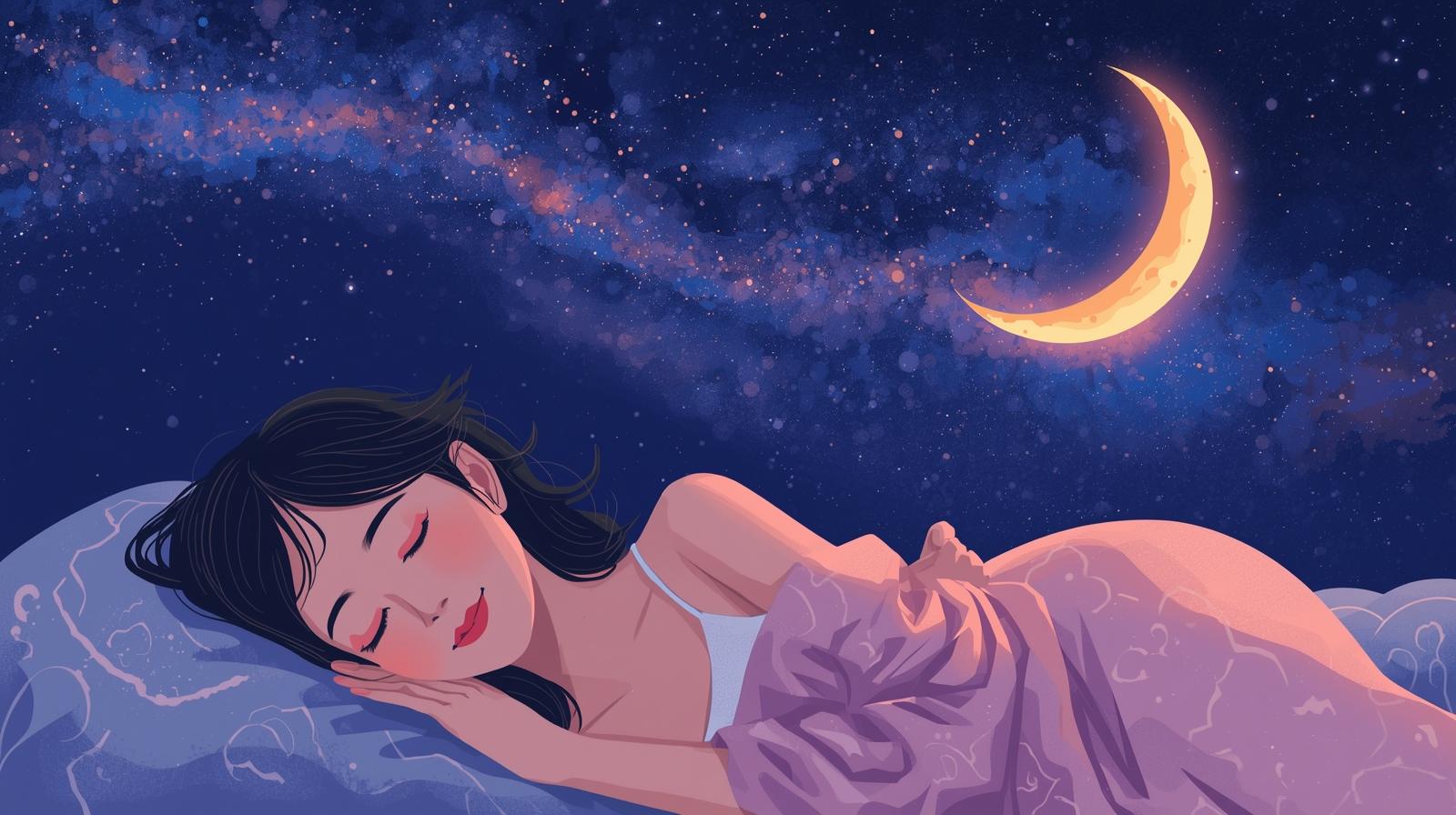 불면으로 고생하는 여성이 멜라토닌으로 복용으로 깊이 잠든 일러스트