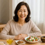 고혈압 식단을 위해 재료를 준비하고 즐거워 하는 여성