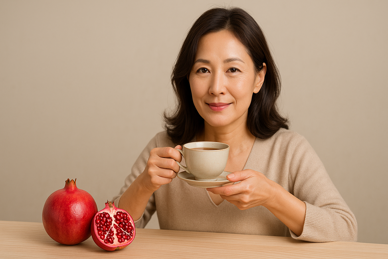 폐경기에 좋은 석류 과일과 한방차를 마시는 여인