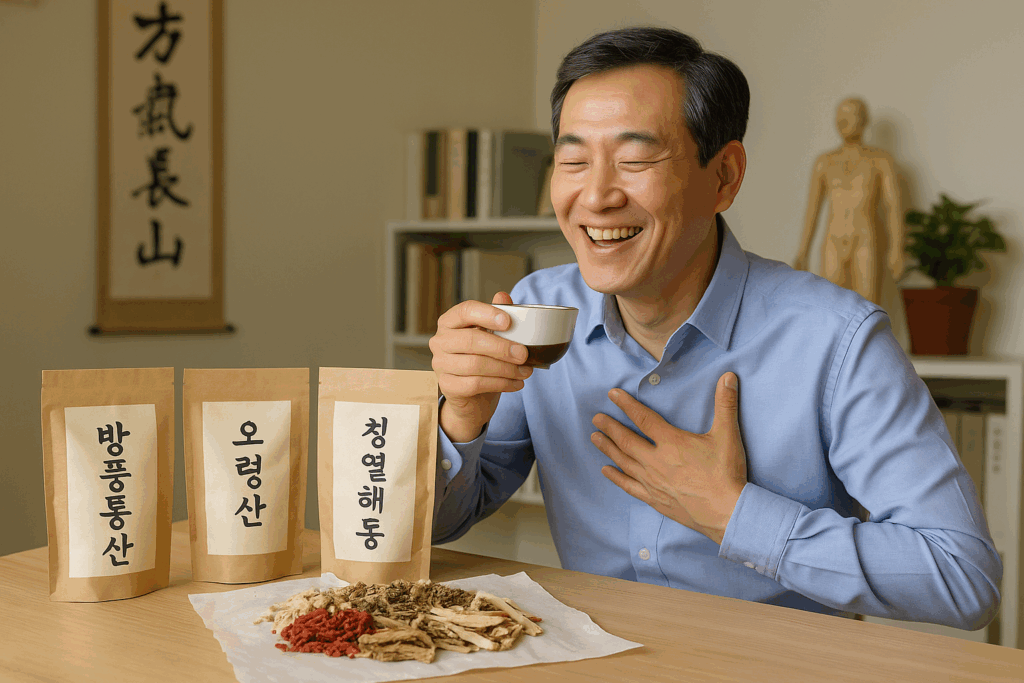 한의원에서 처방된 약을 먹고 통풍을 치료하는 남성