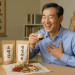 한의원에서 처방된 약을 먹고 통풍을 치료하는 남성