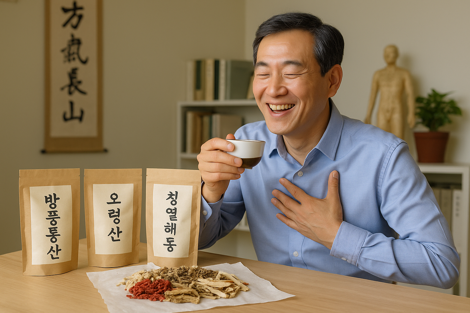 한의원에서 처방된 약을 먹고 통풍을 치료하는 남성