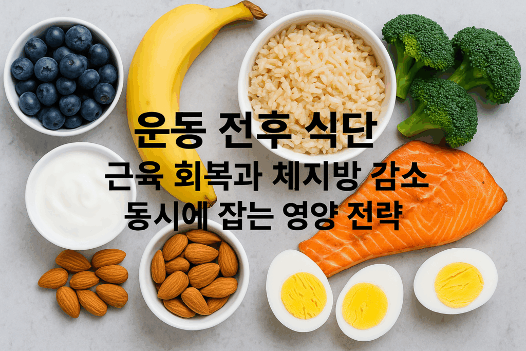운동 전후 식단에 쓰일 재료들을 모아 둔 이미지