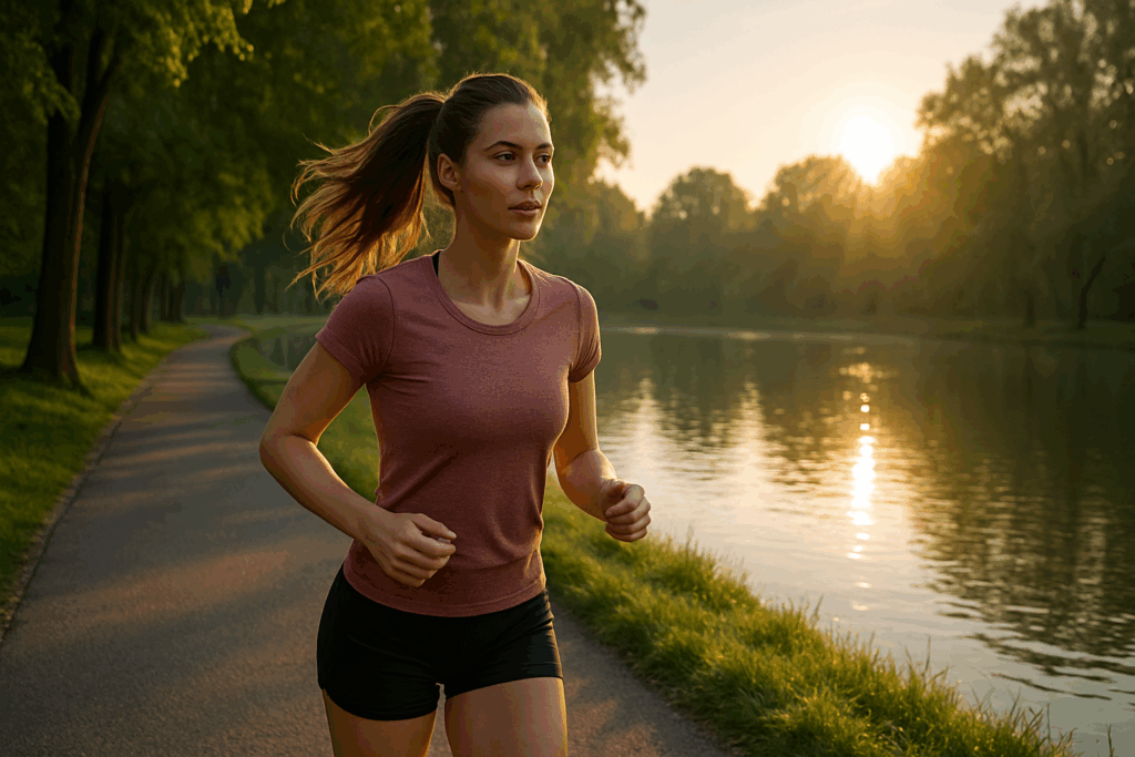 이른 아침 공원을 달리면서 조깅 효과로 건강한 신체와 아름다운 몸매를 유지하는 여성