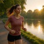 이른 아침 공원을 달리면서 조깅 효과로 건강한 신체와 아름다운 몸매를 유지하는 여성