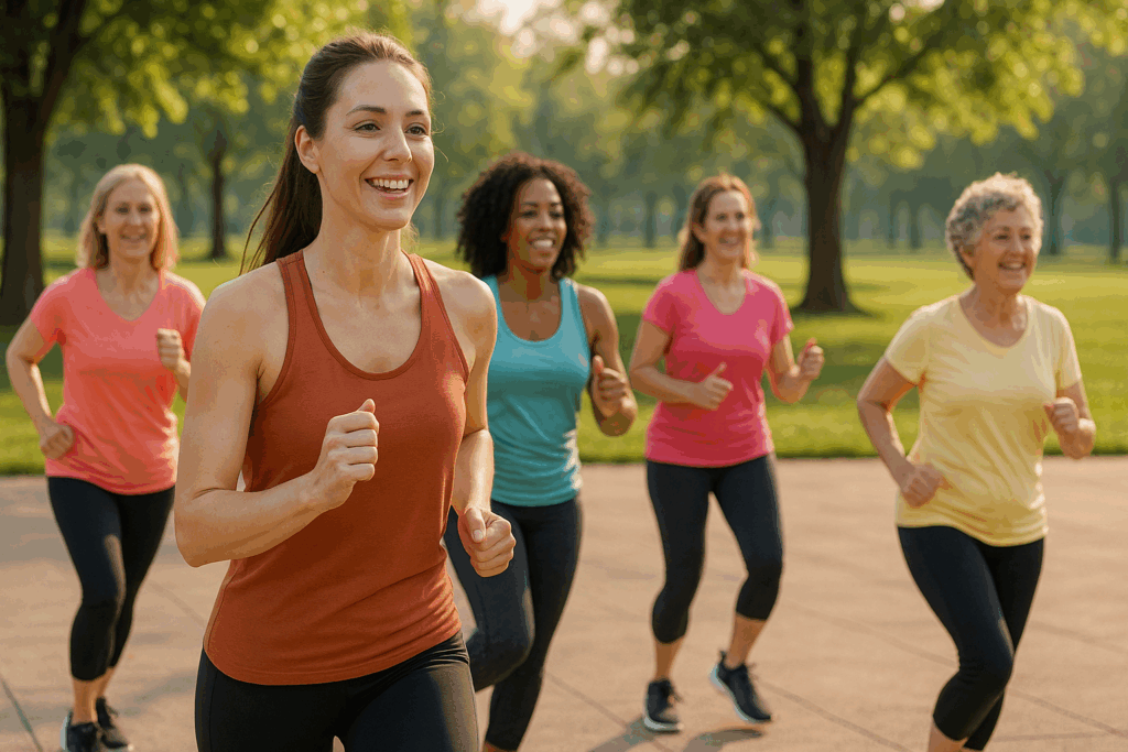 에어로빅 댄스 효과로 건강한 신체와 밝고 명랑한 성품을 유지하는 여성들