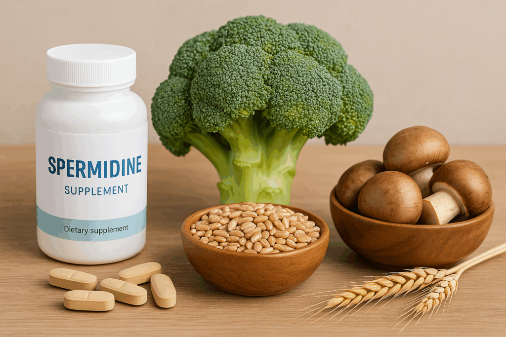 스페르미딘과 스페르미딘이 들어 있는 식품을 모아 둔 이미지