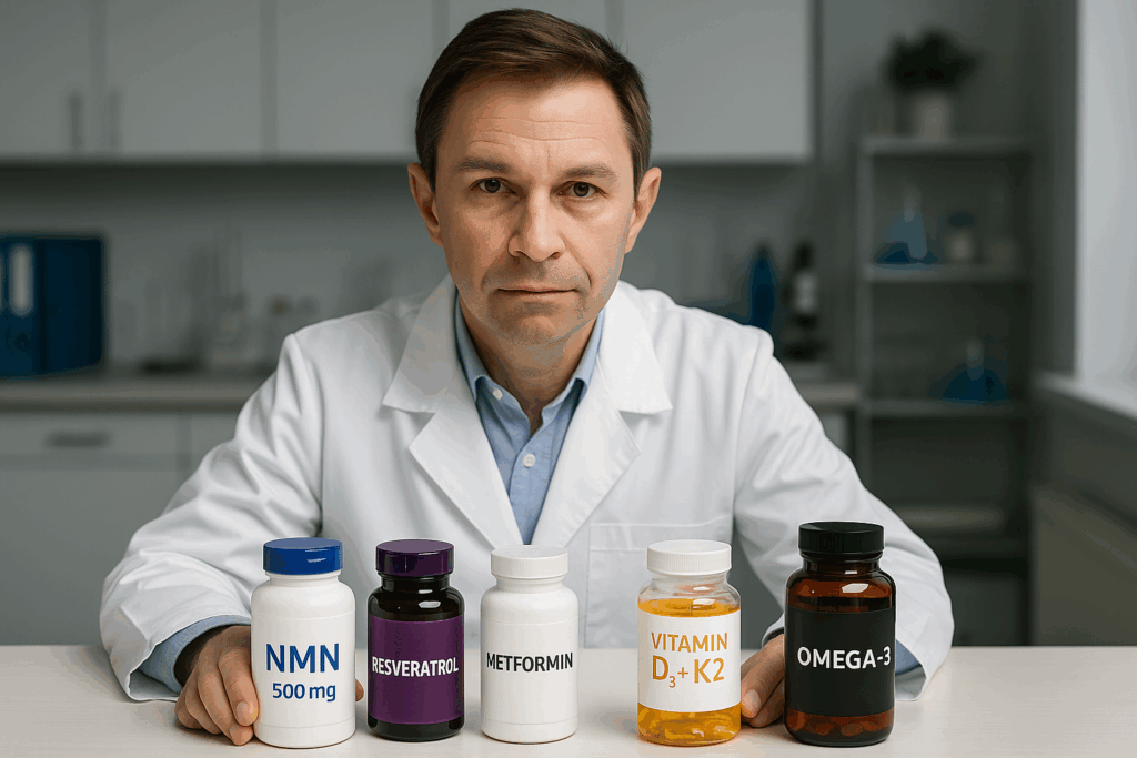 데이비드 싱클레어 박사가 매일 복용하는 NMN, 레스베라트롤, 메트포르민, 비타민 D·K2·오메가3 보충제를 정리한 사진