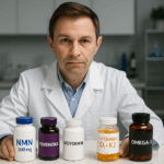 데이비드 싱클레어 박사가 매일 복용하는 NMN, 레스베라트롤, 메트포르민, 비타민 D·K2·오메가3 보충제를 정리한 사진