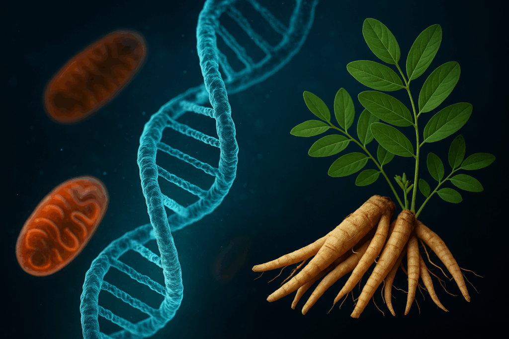 텔로미어 영양제의 핵심을 상징하는 이미지: DNA 이중나선 구조와 미토콘드리아가 빛나는 모습, 그리고 황기 뿌리와 잎이 함께 배치되어 세포 노화 방지와 전통 한의학적 효능을 동시에 표현한 그림