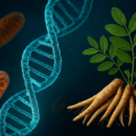 텔로미어 영양제의 핵심을 상징하는 이미지: DNA 이중나선 구조와 미토콘드리아가 빛나는 모습, 그리고 황기 뿌리와 잎이 함께 배치되어 세포 노화 방지와 전통 한의학적 효능을 동시에 표현한 그림