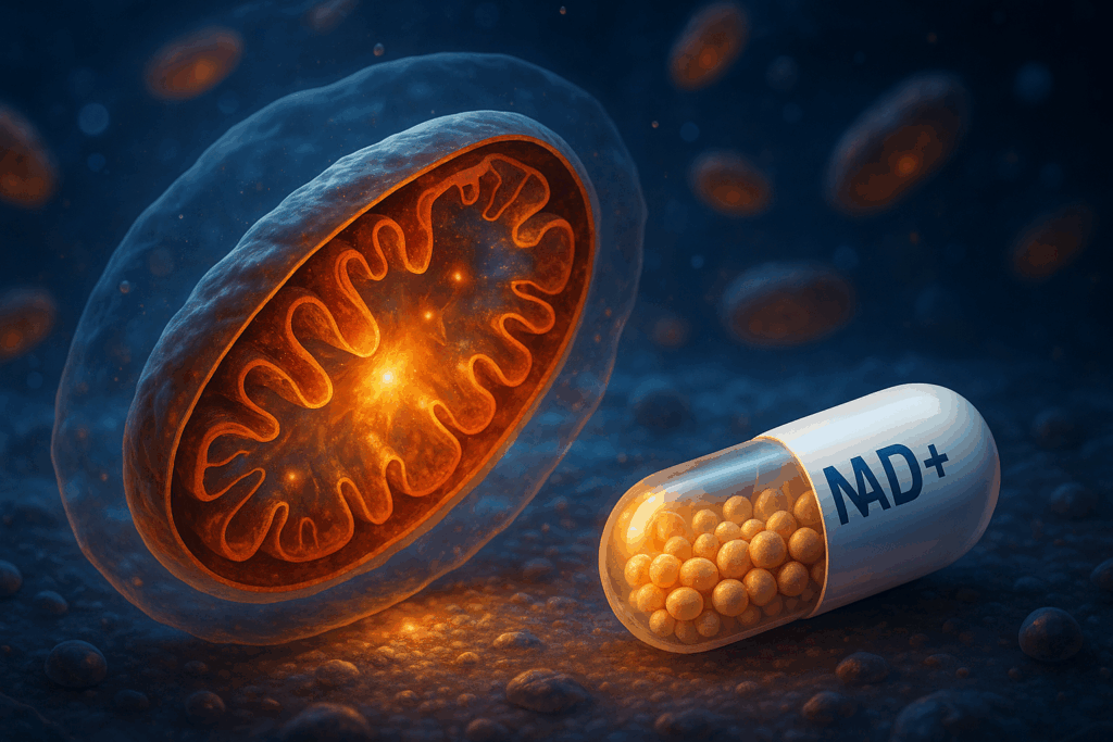 NAD 부스터 캡슐과 빛나는 미토콘드리아를 표현한 실사 이미지로, 세포 에너지 활성화와 노화방지 장수물질의 역할을 시각적으로 보여준다