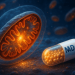 NAD 부스터 캡슐과 빛나는 미토콘드리아를 표현한 실사 이미지로, 세포 에너지 활성화와 노화방지 장수물질의 역할을 시각적으로 보여준다