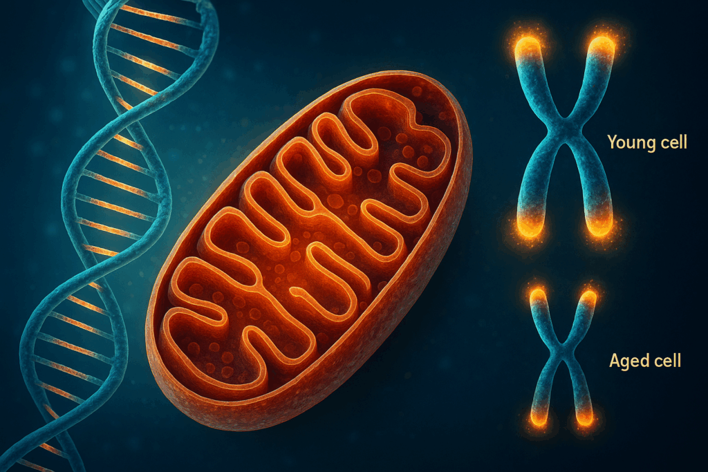 노화 원인을 보여주는 과학적 디지털 일러스트로, 세포 내부의 미토콘드리아와 DNA 이중나선, 그리고 짧아지는 텔로미어가 함께 표현되어 있다. 산화 스트레스와 세포 에너지 붕괴 과정을 시각적으로 나타내어 노화 원인을 직관적으로 설명한다.