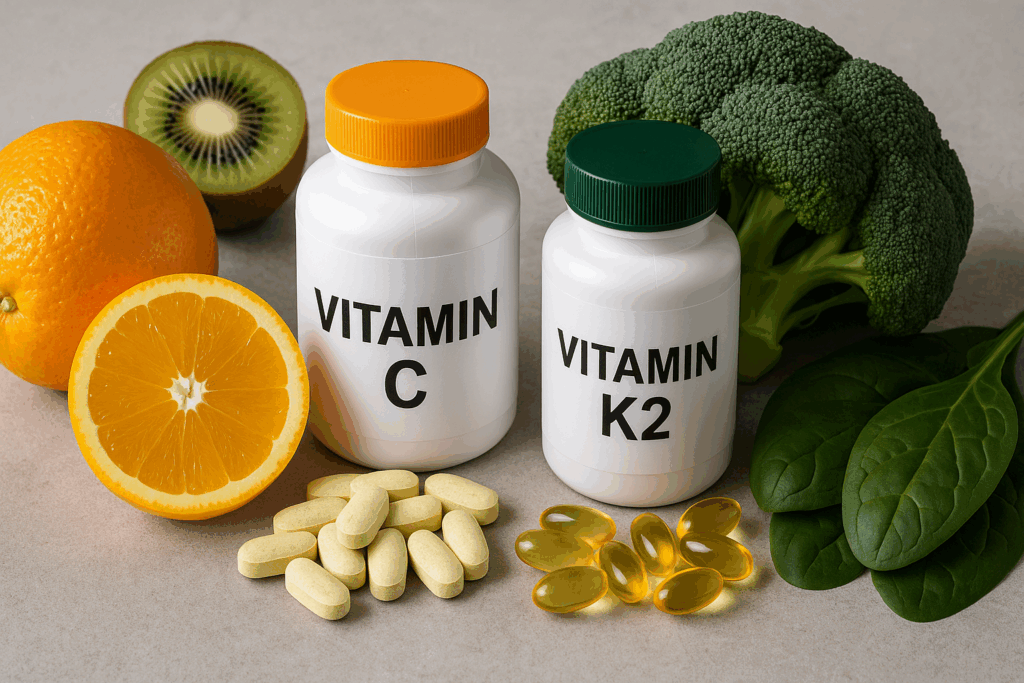 항산화와 칼슘 대사를 동시에 관리하는 비타민 C와 K2(MK-7) 보충제, 오렌지·낫토·올리브오일과 함께 놓인 16:9 실사 이미지