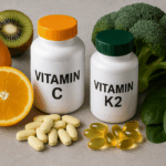 항산화와 칼슘 대사를 동시에 관리하는 비타민 C와 K2(MK-7) 보충제, 오렌지·낫토·올리브오일과 함께 놓인 16:9 실사 이미지