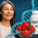 피세틴 효능을 시각화한 이미지: 딸기, 사과, 감 등 과일에서 유래한 플라보노이드 성분 피세틴이 DNA 나선과 세포 속 좀비세포를 청소해 항산화·항노화 효과를 나타내는 모습