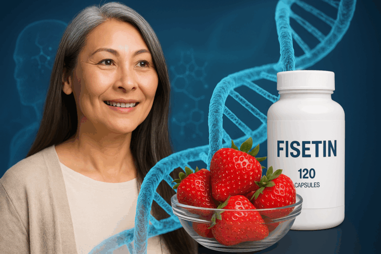 피세틴 효능을 시각화한 이미지: 딸기, 사과, 감 등 과일에서 유래한 플라보노이드 성분 피세틴이 DNA 나선과 세포 속 좀비세포를 청소해 항산화·항노화 효과를 나타내는 모습