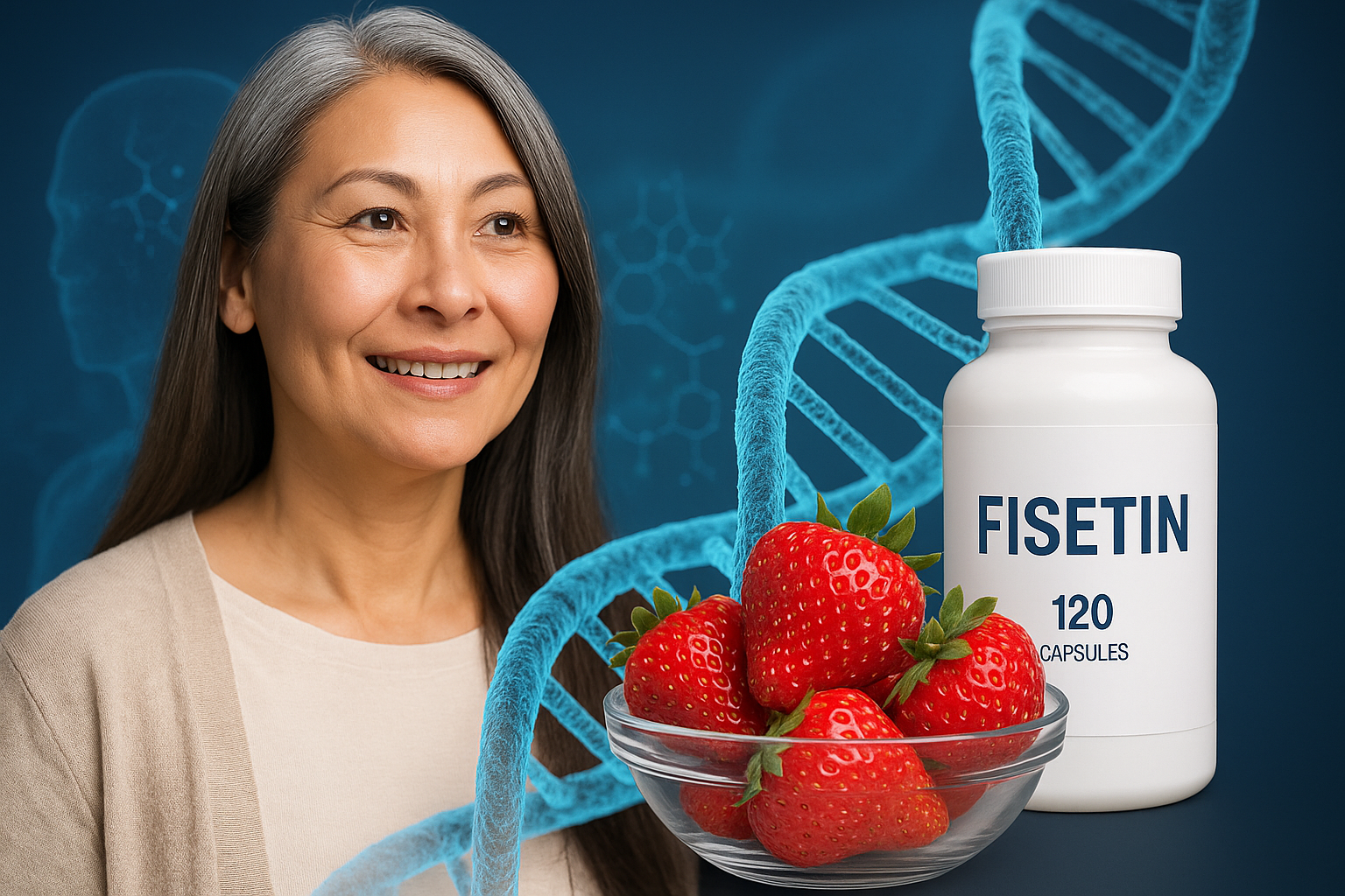 피세틴 효능을 시각화한 이미지: 딸기, 사과, 감 등 과일에서 유래한 플라보노이드 성분 피세틴이 DNA 나선과 세포 속 좀비세포를 청소해 항산화·항노화 효과를 나타내는 모습