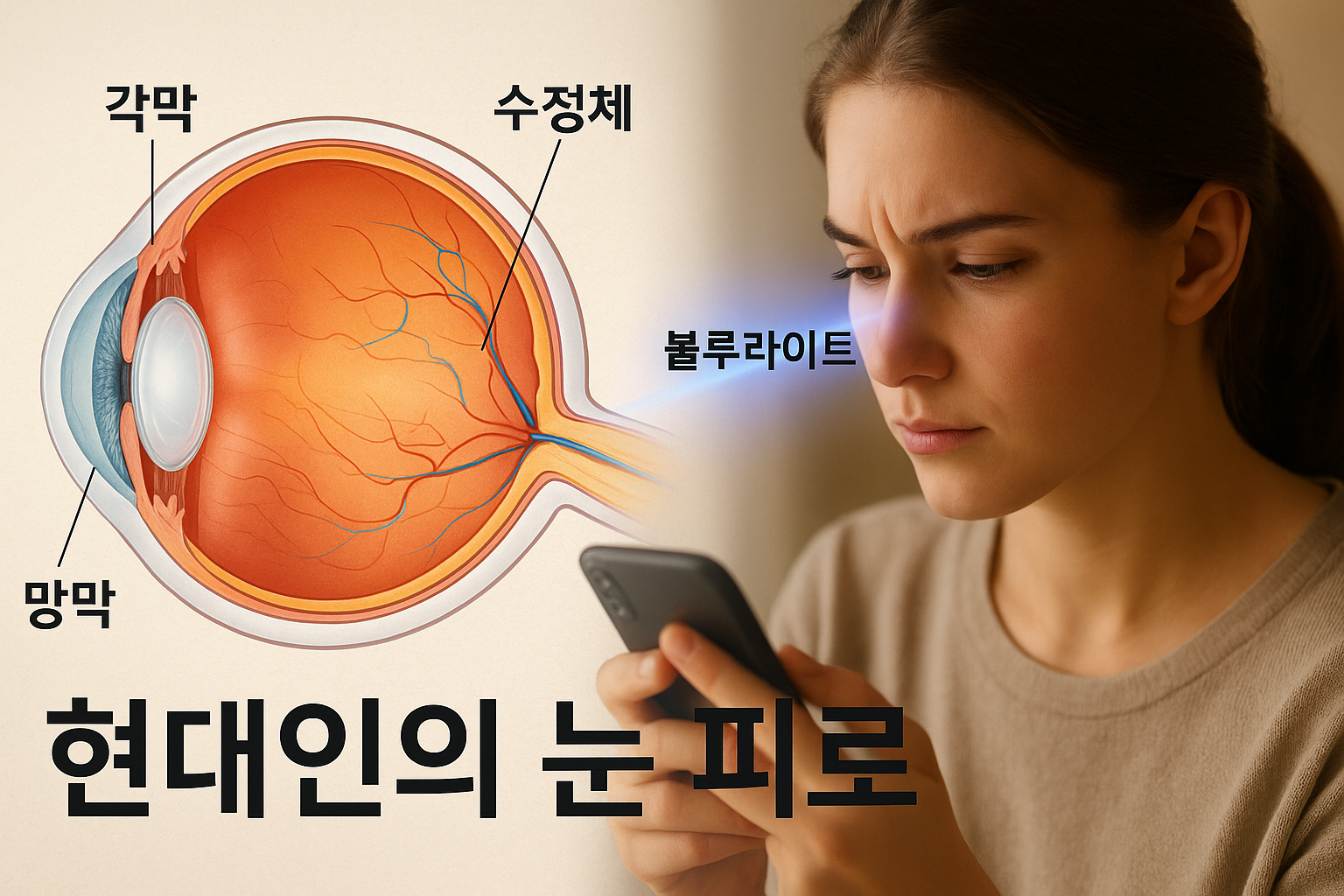 눈 건강을 위협하는 블루라이트와 안구 구조 다이어그램