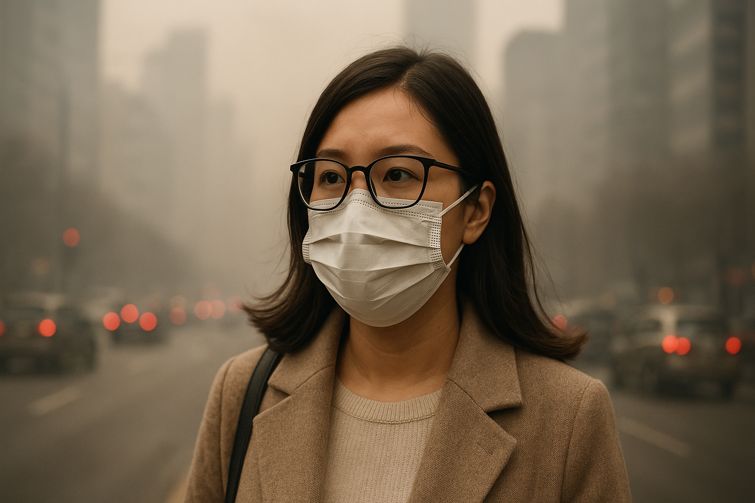안구건조증을 예방하기 위해 도심 미세먼지와 매연 속에서 마스크와 안경을 착용한 여성