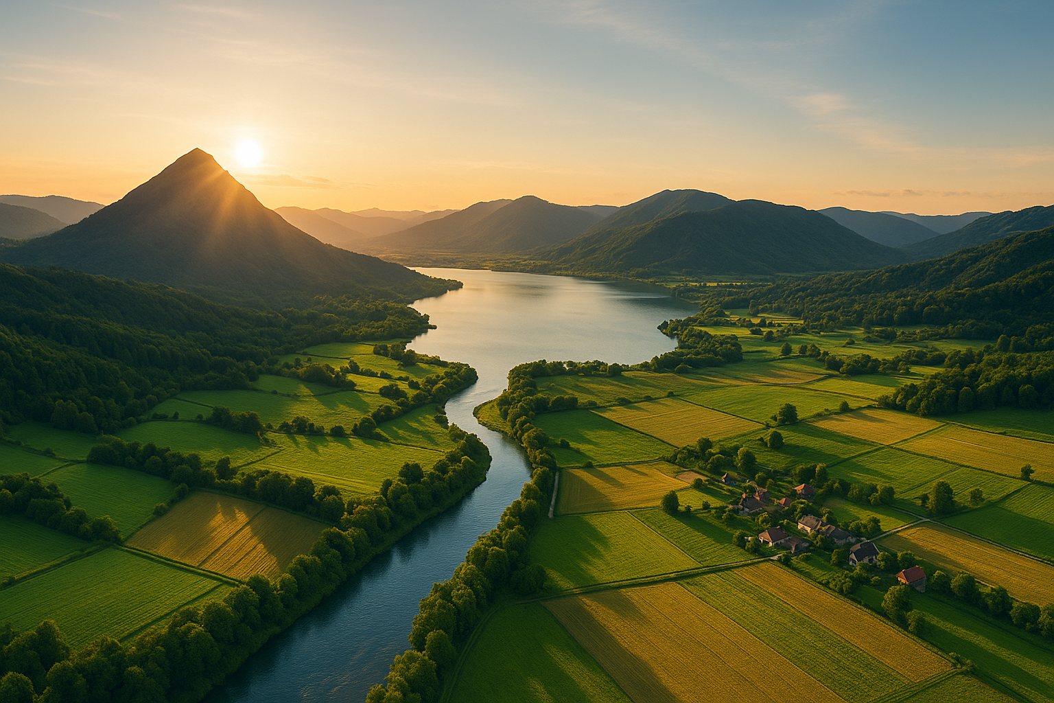 풍수지리의 오행 흐름을 보여주는 항공 풍경 — 산의 능선, 햇빛, 들판, 강줄기, 금빛 반사광이 조화를 이루며 자연의 기운이 순환하는 모습.