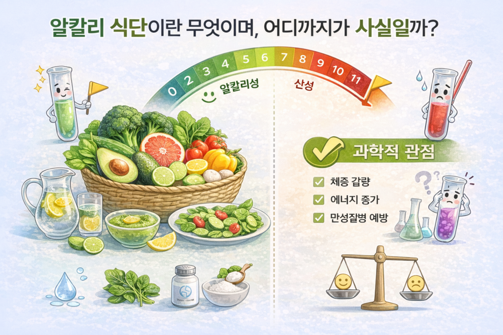 알칼리 식단에서 산성 식단으로 가면서 달라지는 변화를 나타내는 이미지