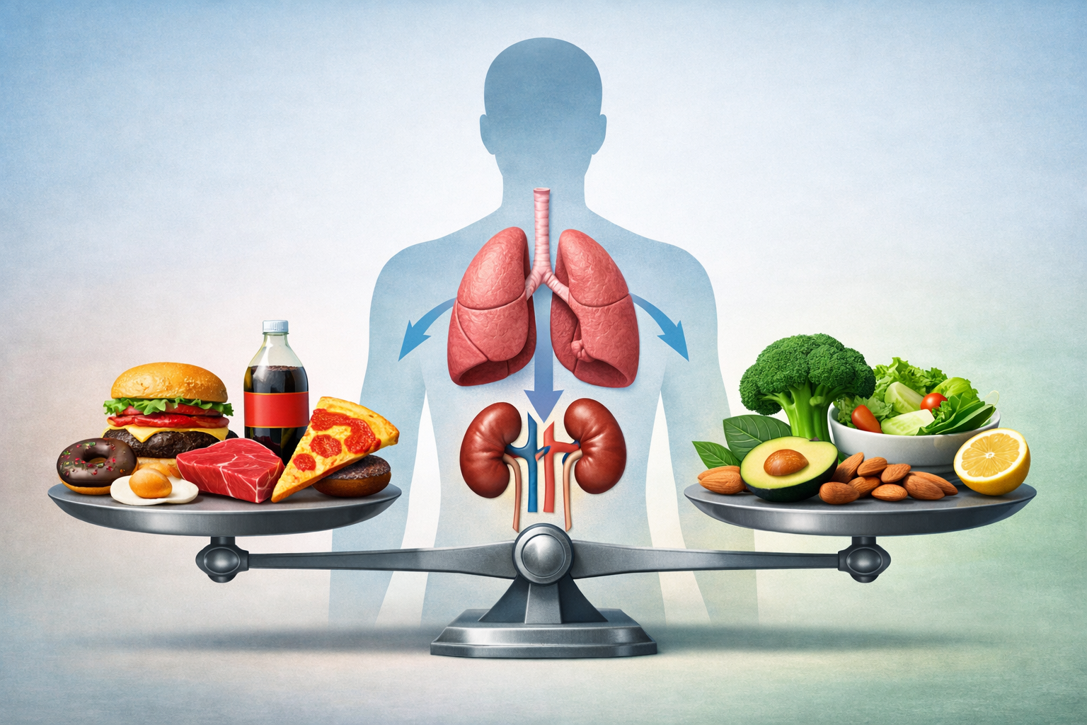 체내 산성화와 산-염기 균형을 시각적으로 표현한 이미지로, 음식과 생활습관이 조절 부담에 미치는 영향을 나타낸 그림