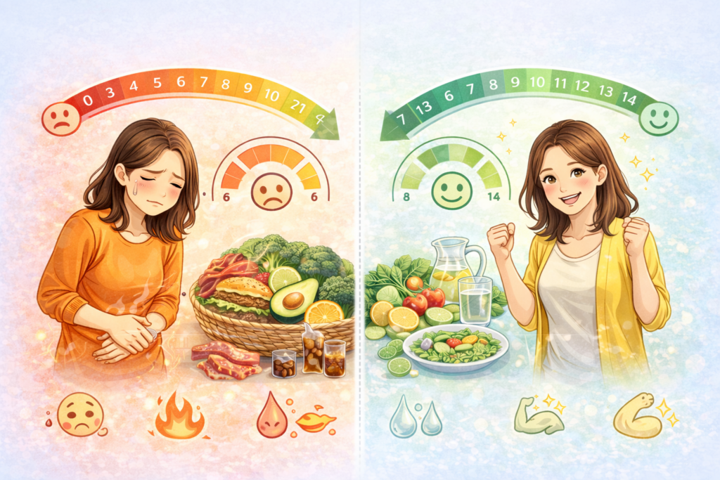 알칼리 음식과 산성 음식을 섭취했을 때 몸의 상태를 나타내는 이미지