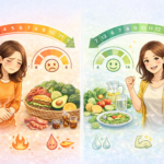 알칼리 음식과 산성 음식을 섭취했을 때 몸의 상태를 나타내는 이미지