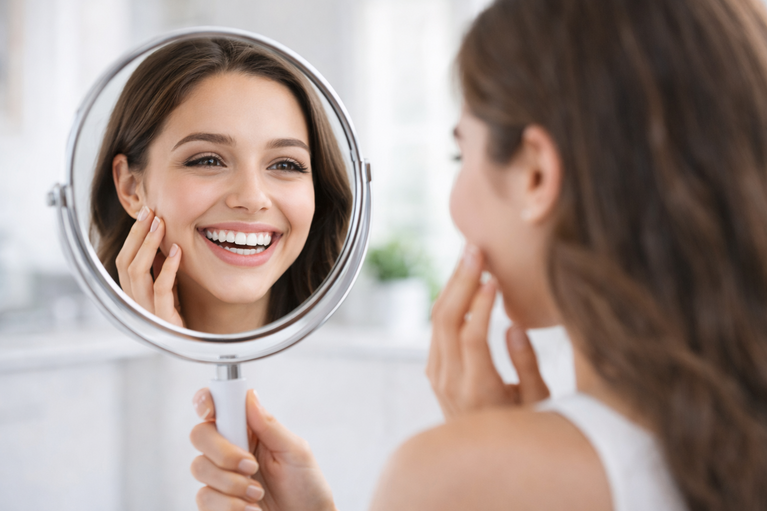 치아미백으로 깨끗진 하얀 이를 거울로 확인하고 기뻐하는 여성