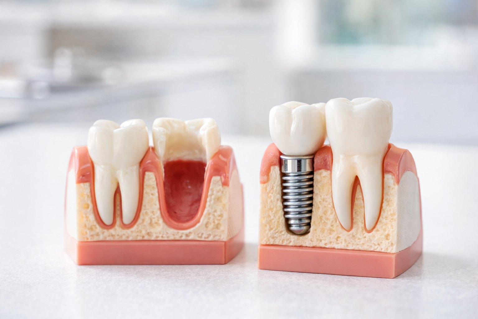 임플란트를 시술해야 할 상태를 보여주기 위해 마련된 모형들의 이미지