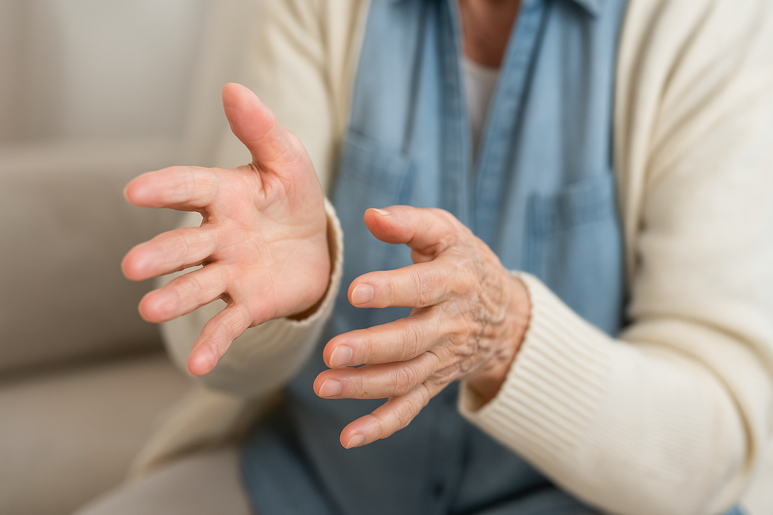 손떨림 증상으로 손을 떨고 있는 노년층의 손을 클로즈업한 실사 사진으로, 파킨슨병 또는 수전증과 같은 신경계 질환을 암시하는 모습