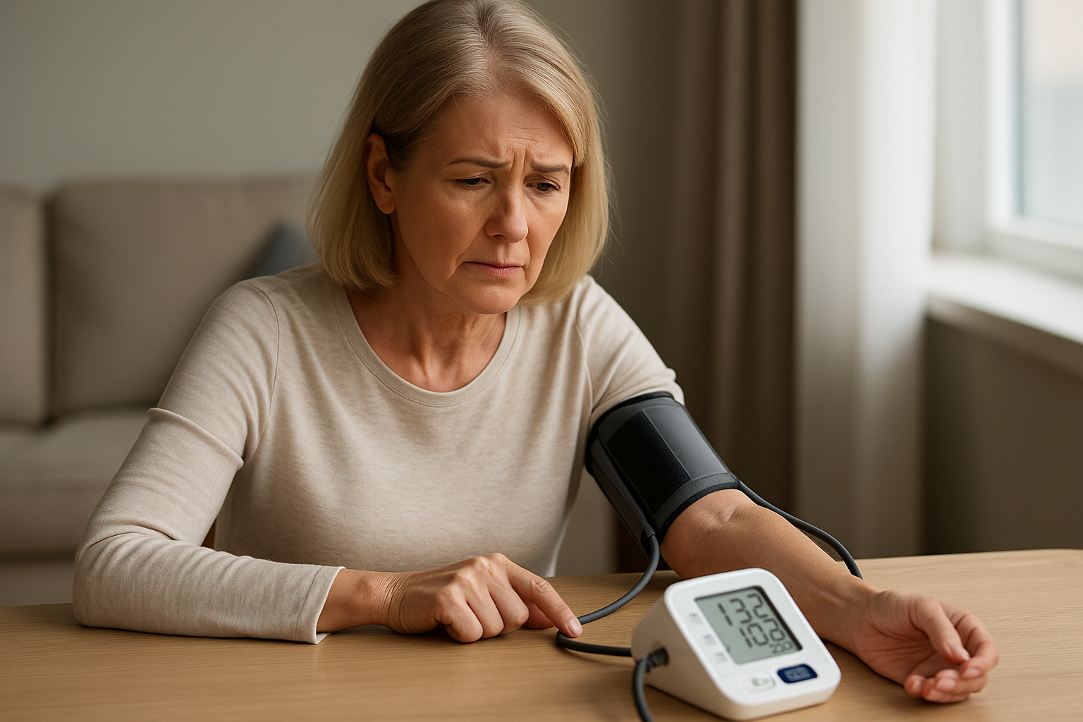 혈압을 측정하며 고혈압을 걱정하는 중년 여성 이미지