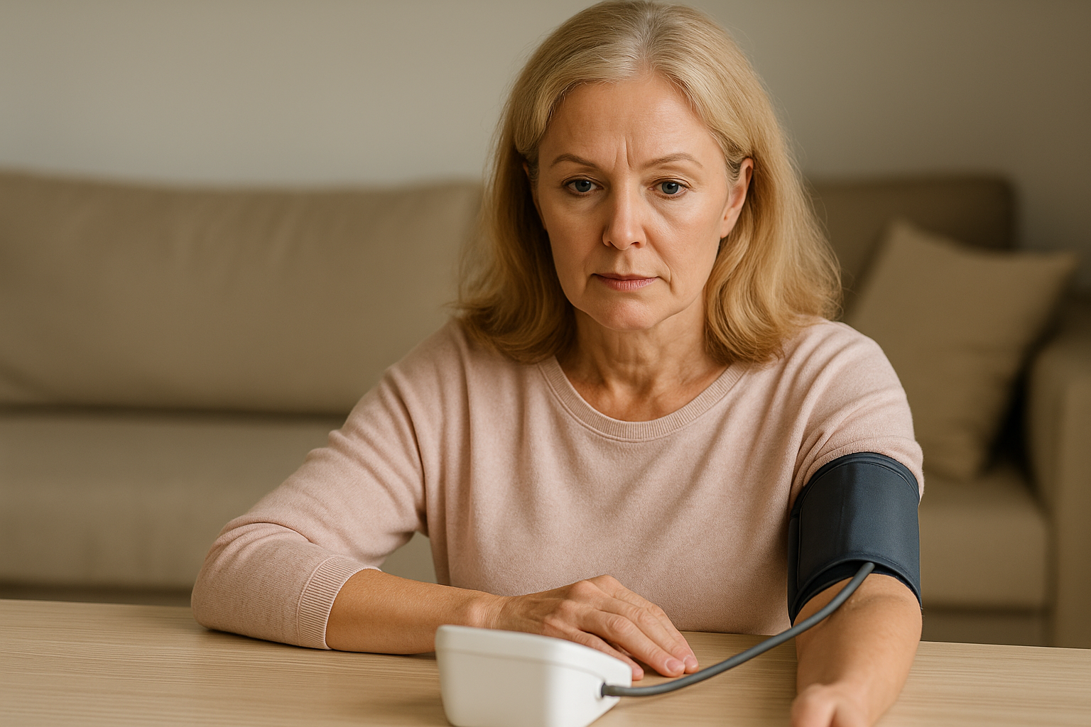 고지혈증 관리가 필요한 중년 여성이 가정에서 혈압을 측정하며 자신의 혈관 건강 상태를 살펴보는 모습. 안정적인 조명 아래 정확하게 혈압을 확인하는 장면이 고지혈증과 동맥경화증 예방의 중요성을 보여준다.