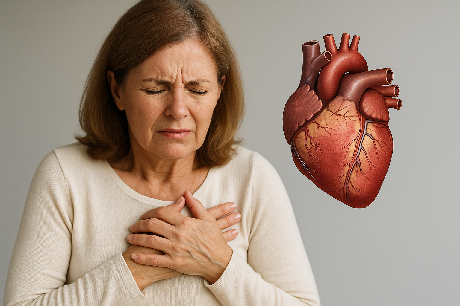 심근경색증으로 가슴 통증을 느끼는 중년 여성과 심장 단면도