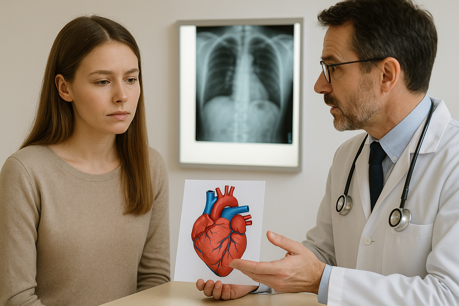 협심증으로 고통받고 있는 여성이 의사로부터 진단의 결과에 대해 설명을 듣고 있는 모습