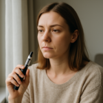 전자담배의 해로움에 대해 깊이 생각하고 고민하는 여성