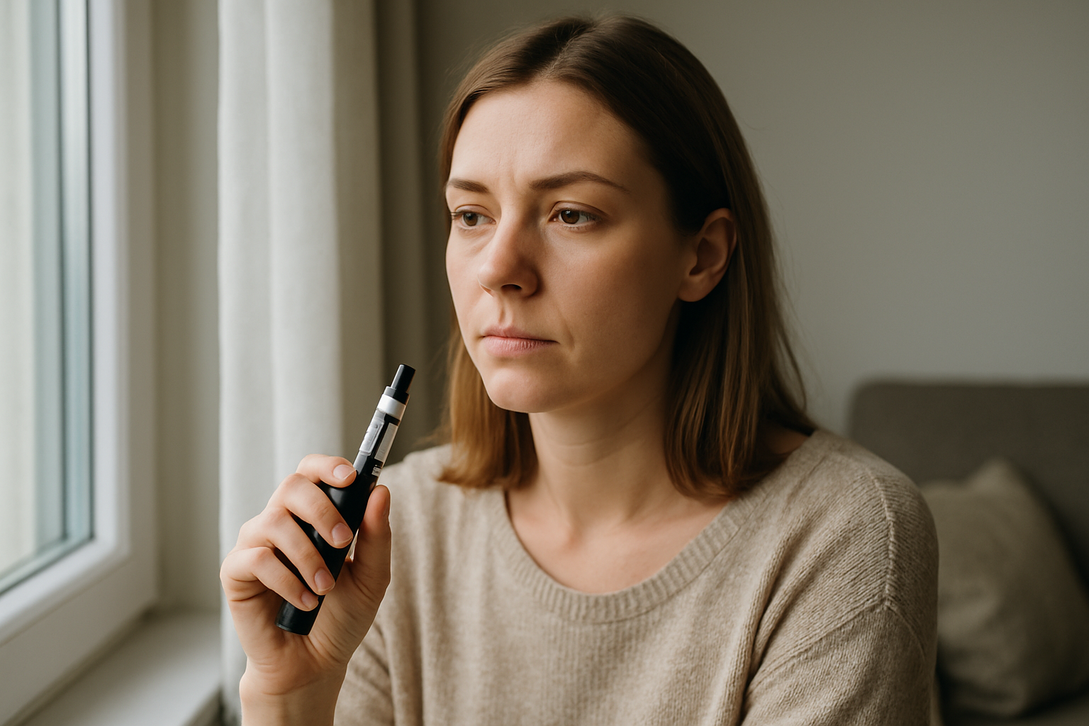 전자담배의 해로움에 대해 깊이 생각하고 고민하는 여성