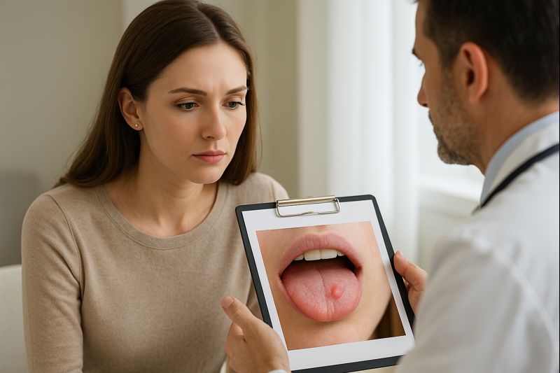 혓바늘을 치료하기 위해 의사로부터 설명을 듣는 여성환자