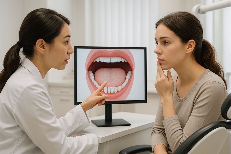 입냄새 치료를 위해 병원을 찾아 의사로부터 치료에 대한 설명을 듣는 여성