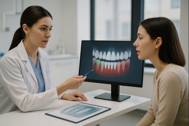 잇몸출혈을 치료하기 위해 병원에서 의사한테 치료에 대한 설명을 듣는 여성환자