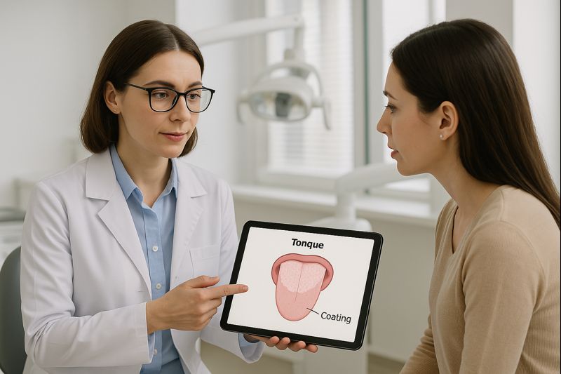 혀 설태를 치료하기 위해 병원에서 의사한태 설명을 듣는 여성환자