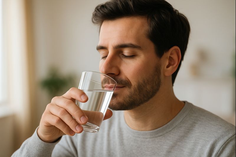 구강건조증으로 건강음료를 마시고 있는 남성