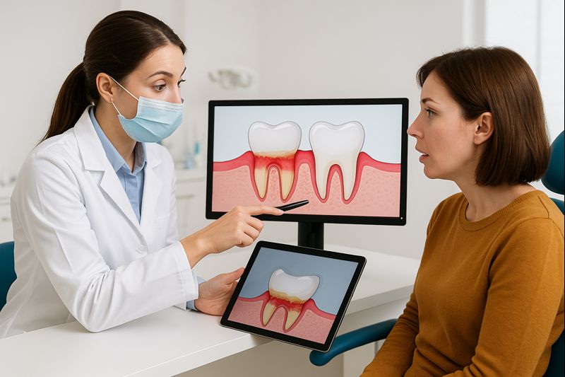 치주염을 치료하기 위해 병원에서 의사한테 설명을 듣는 여성환자