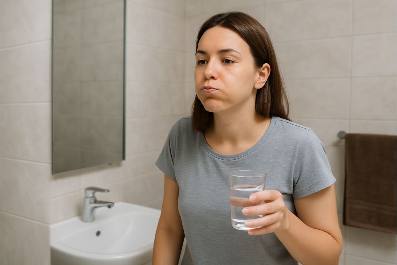 충치 를 예방하기 위해 양치후 가글하는 여성