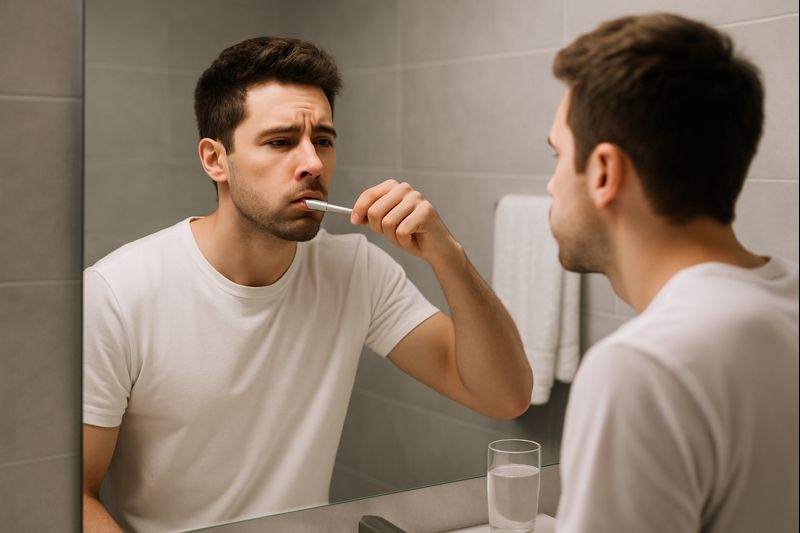 치아 시림을 치료하기 위해 치아 시림 방지 치약을 사용해 양치하는 남성