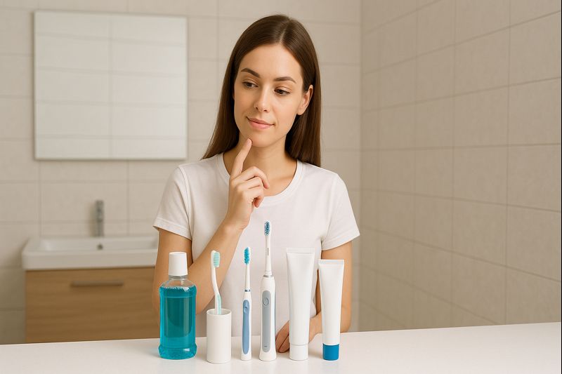 올바른 양치 방법을 위해 여러가지 양치도구를 두고 고민하는 여성