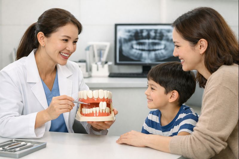 발치하려는 어린아이 앞에서 아이 엄마한테 과정을 설명하는 의사