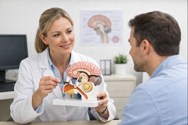 병원에서 어지럼증의 원인과 치료방법을 설명하는 의사